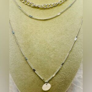 Elegant Silver Tone 3 Layered Necklace with Circle Disc Pendant. 20 inches,